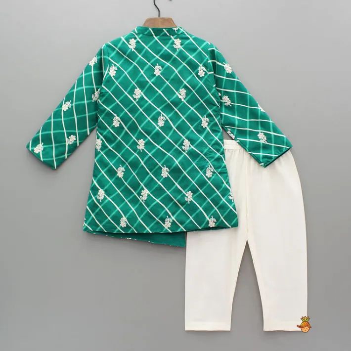 Online Green Asymmetric Printed Embroidered Kurta With Pyjama BOY Indian Ethnic Wear | Ethnic Sets