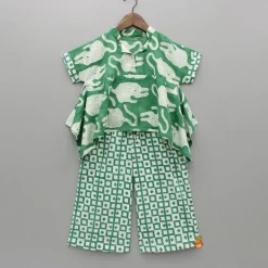 Sale Green Asymmetric Printed Top With Palazzo And Matching Necklace Ethnic Wear | Palazzos & Shararas
