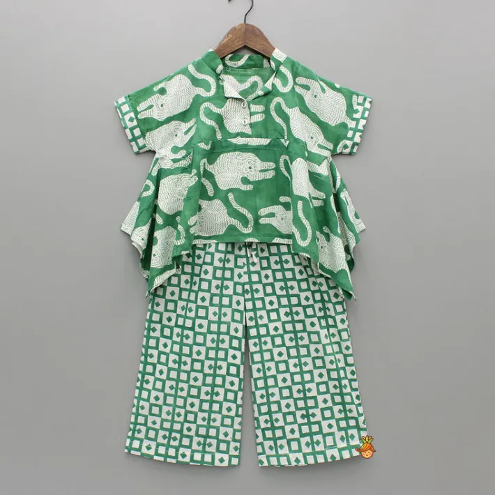 Sale Green Asymmetric Printed Top With Palazzo And Matching Necklace Ethnic Wear | Palazzos & Shararas