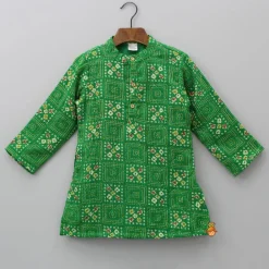Fashion Green Bandhani Printed Kurta With Beige Pyjama BOY Indian Ethnic Wear | Ethnic Sets