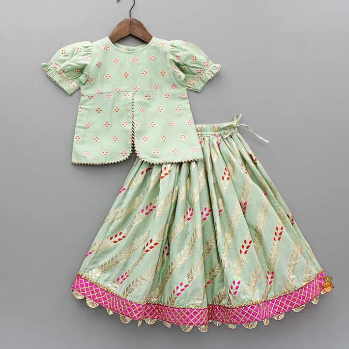 Clearance Green Chanderi Embroidered Kurti And Lehenga Ethnic Wear | Lehengas & Ghagras