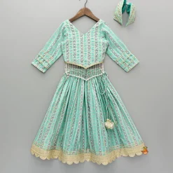 Clearance Green Chanderi Gota Lace Work Top And Lehenga With Matching Hairband Ethnic Wear | Lehengas & Ghagras