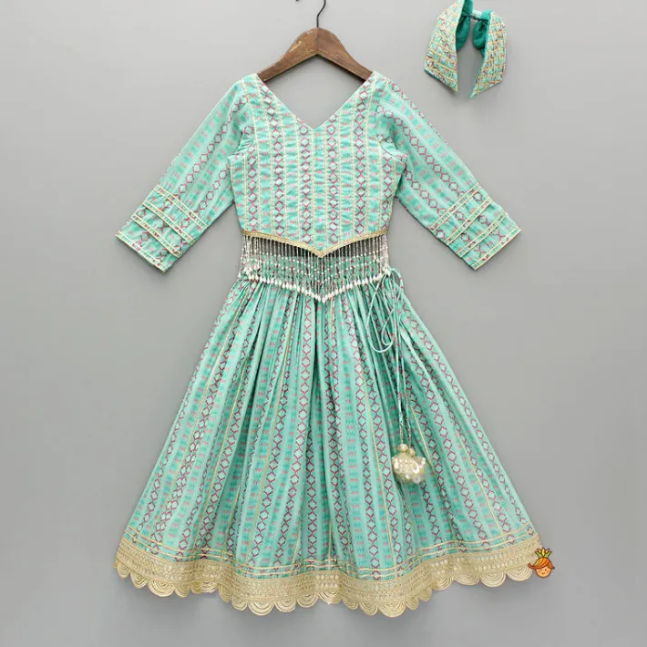 Clearance Green Chanderi Gota Lace Work Top And Lehenga With Matching Hairband Ethnic Wear | Lehengas & Ghagras