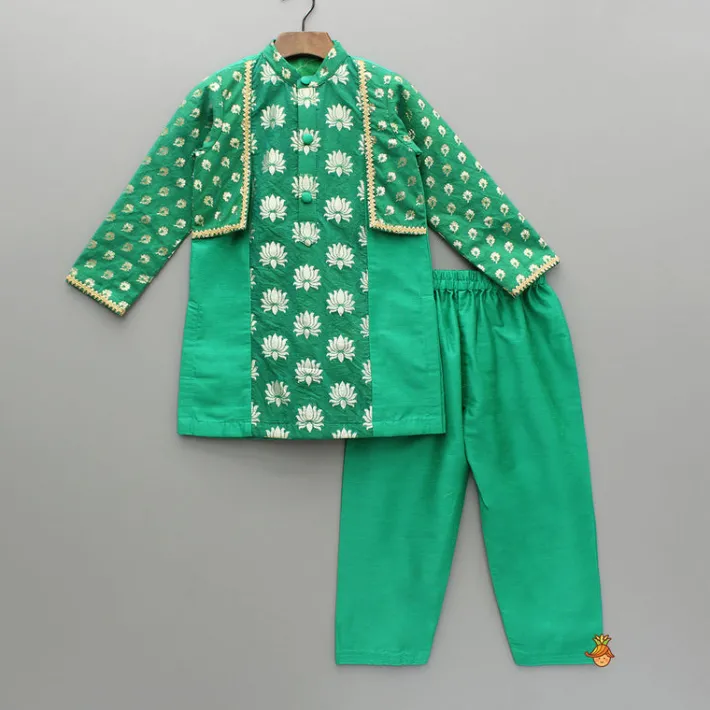 Clearance Green Chanderi Kurta With Attached Flap And Pyjama BOY Indian Ethnic Wear | Ethnic Sets