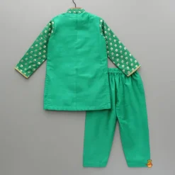 Clearance Green Chanderi Kurta With Attached Flap And Pyjama BOY Indian Ethnic Wear | Ethnic Sets