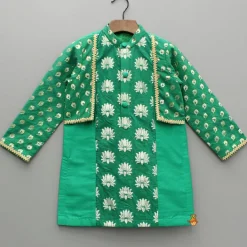 Clearance Green Chanderi Kurta With Attached Flap And Pyjama BOY Indian Ethnic Wear | Ethnic Sets