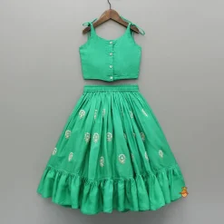 Clearance Green Dori Embroidered Strappy Top And Stylish Layered Lehenga Ethnic Wear | Lehengas & Ghagras