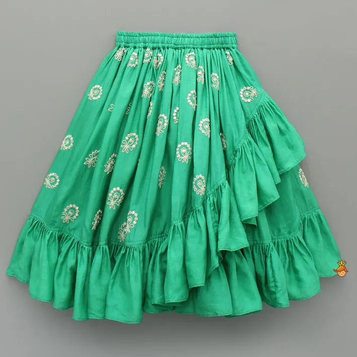 Clearance Green Dori Embroidered Strappy Top And Stylish Layered Lehenga Ethnic Wear | Lehengas & Ghagras