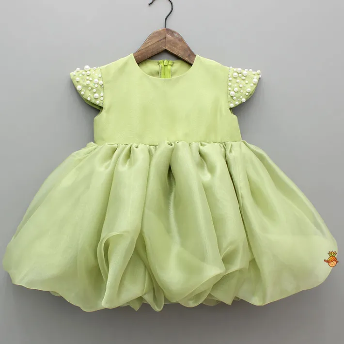 New Green Embellished Dress With Detachable Bow Dresses & Sets | Dresses