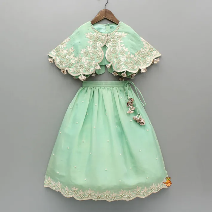 Discount Green Embroidered And Embellished Cape Attached Top With Flared Lehenga Ethnic Wear | Lehengas & Ghagras