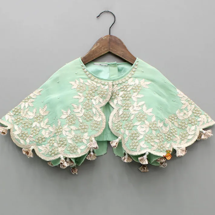 Discount Green Embroidered And Embellished Cape Attached Top With Flared Lehenga Ethnic Wear | Lehengas & Ghagras