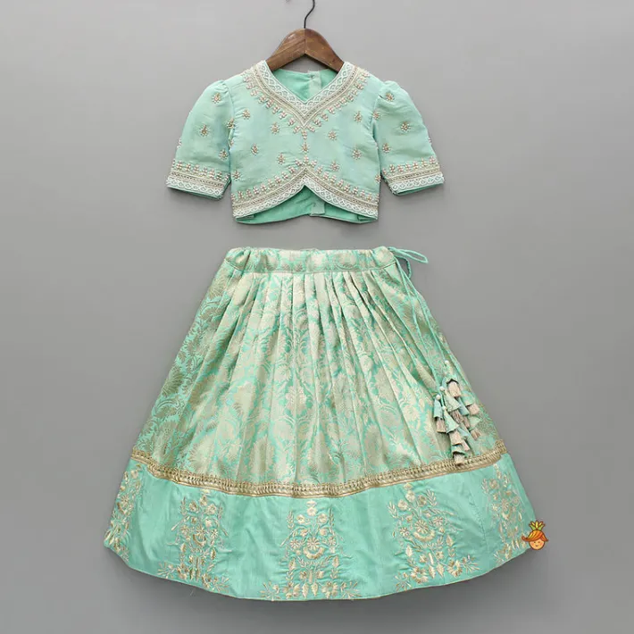 Outlet Green Embroidered Embellished Top And Brocade Embroidered Lehenga Ethnic Wear | Lehengas & Ghagras