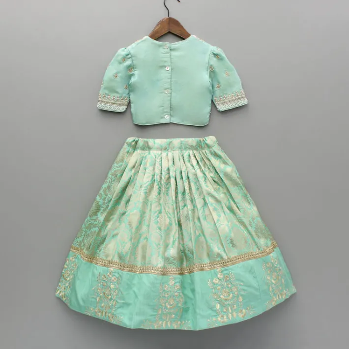 Outlet Green Embroidered Embellished Top And Brocade Embroidered Lehenga Ethnic Wear | Lehengas & Ghagras