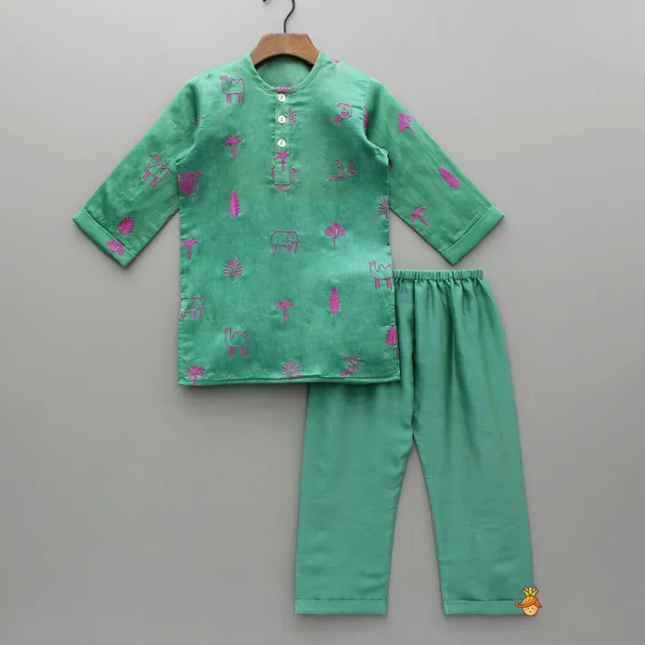 Hot Green Embroidered Kurta And Pyjama BOY Twinning Sets | Indian Ethnic Wear