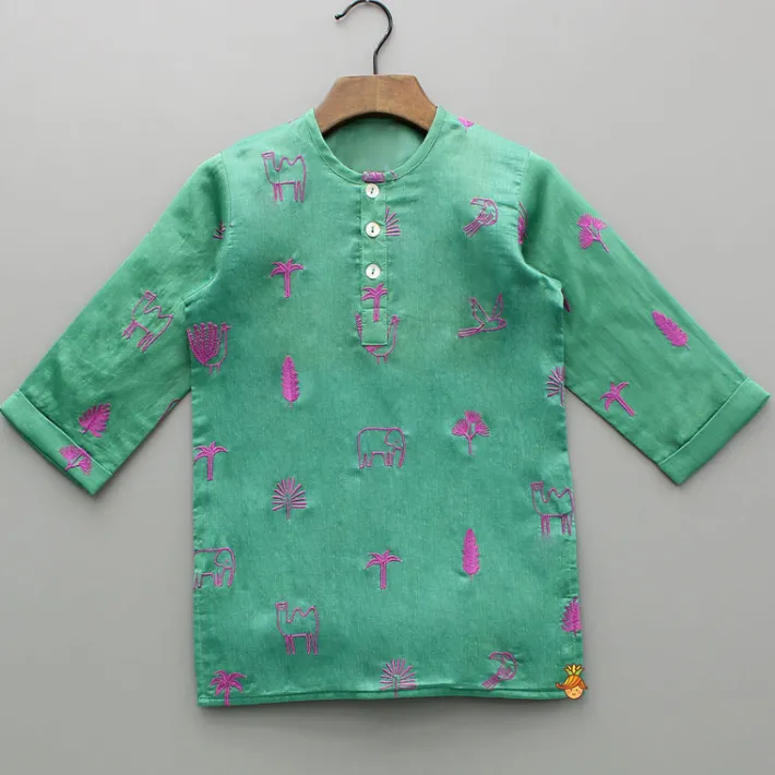 Hot Green Embroidered Kurta And Pyjama BOY Twinning Sets | Indian Ethnic Wear