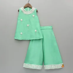 Best Green Embroidered Kurti And Flared Palazzo Ethnic Wear | Palazzos & Shararas