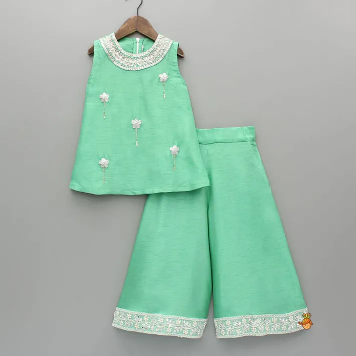 Best Green Embroidered Kurti And Flared Palazzo Ethnic Wear | Palazzos & Shararas