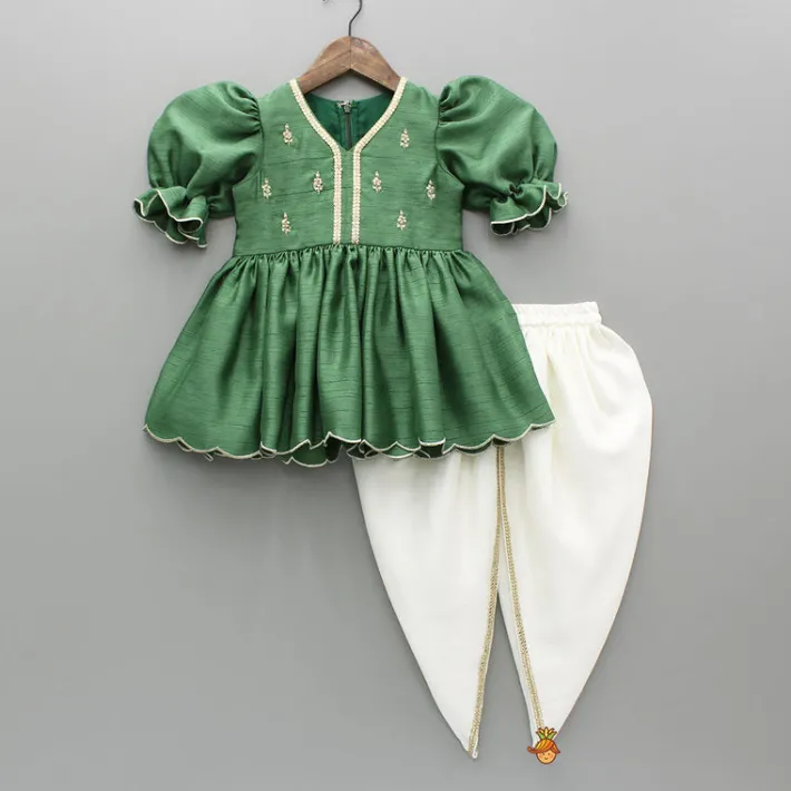 Hot Green Embroidered Kurti And Tulip Dhoti Ethnic Wear | Dhotis & Patialas