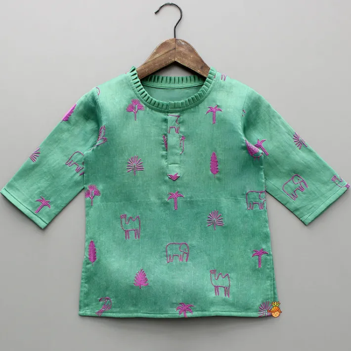 New Green Embroidered Kurti And Flared Palazzo Palazzos & Shararas | Ethnic Wear