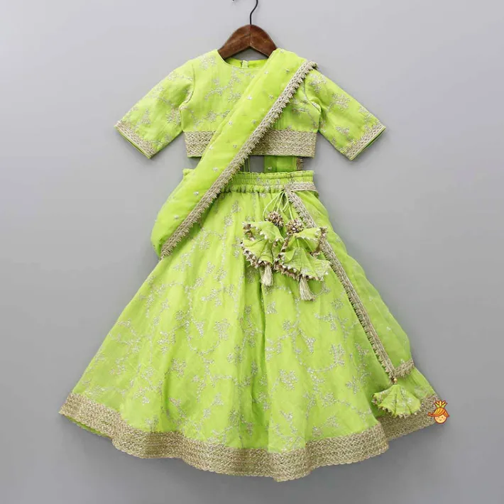 Best Green Embroidered Lacework Top With Lehenga And Attached Dupatta Ethnic Wear | Lehengas & Ghagras
