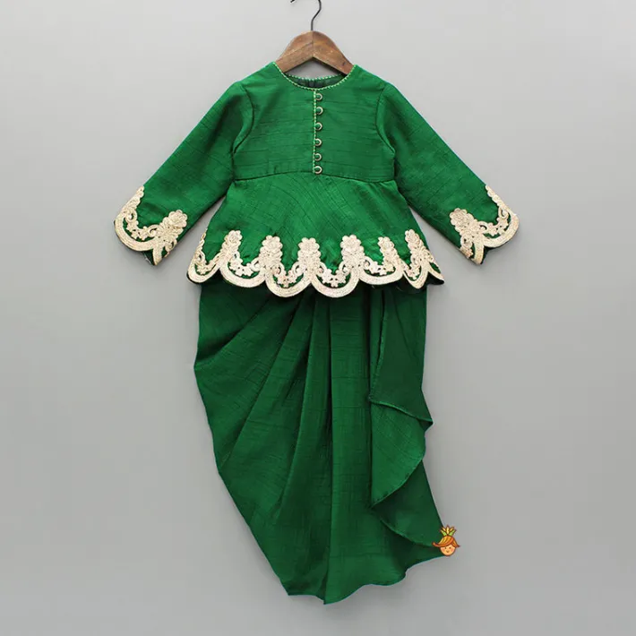 Fashion Green Embroidered Peplum Top And Stylish Dhoti Skirt Ethnic Wear | Dhotis & Patialas