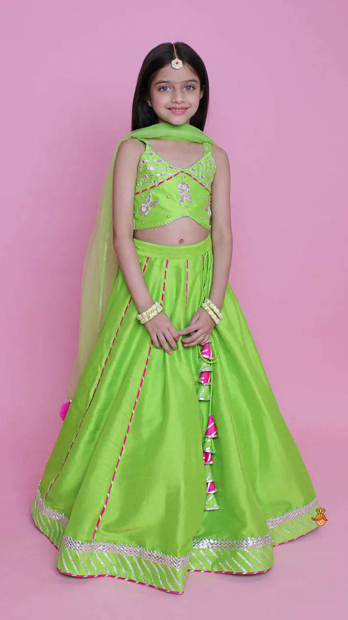 Hot Green Embroidered Strappy Top And Lehenga With Dupatta Ethnic Wear | Lehengas & Ghagras