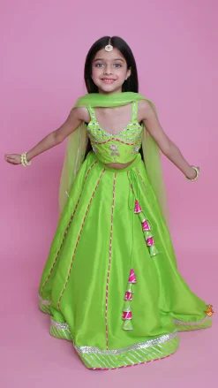 Hot Green Embroidered Strappy Top And Lehenga With Dupatta Ethnic Wear | Lehengas & Ghagras