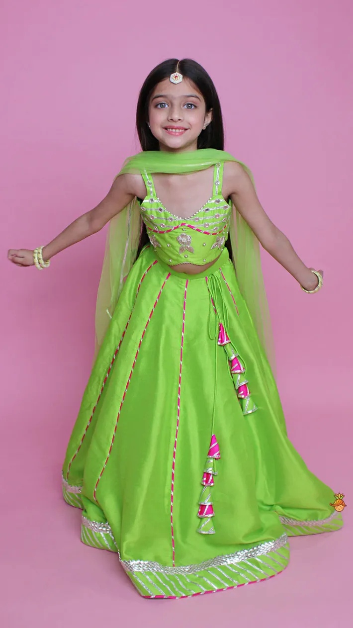 Hot Green Embroidered Strappy Top And Lehenga With Dupatta Ethnic Wear | Lehengas & Ghagras