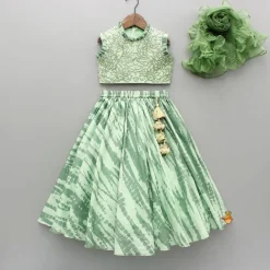 Fashion Green Embroidered Top With Shibori Printed Lehenga And Dupatta Twinning Sets | Ethnic Wear