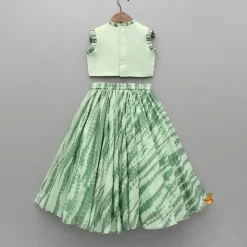 Fashion Green Embroidered Top With Shibori Printed Lehenga And Dupatta Twinning Sets | Ethnic Wear