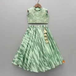 Fashion Green Embroidered Top With Shibori Printed Lehenga And Dupatta Twinning Sets | Ethnic Wear