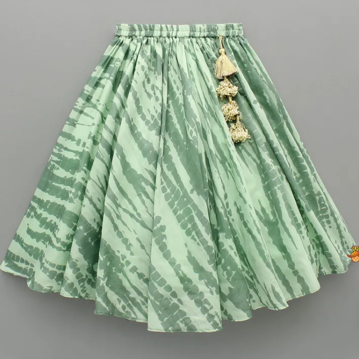Fashion Green Embroidered Top With Shibori Printed Lehenga And Dupatta Twinning Sets | Ethnic Wear