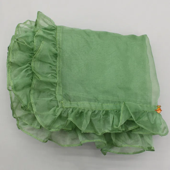 Fashion Green Embroidered Top With Shibori Printed Lehenga And Dupatta Twinning Sets | Ethnic Wear