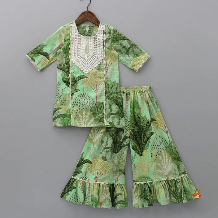 Best Green Floral Printed Kurti With Matching Palazzo And Net Dupatta Ethnic Wear | Palazzos & Shararas