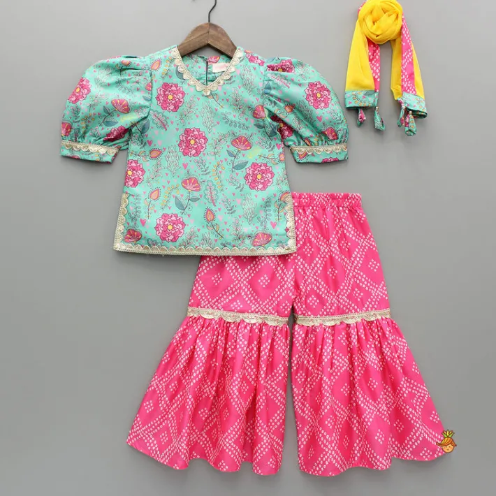 Sale Green Floral Printed Top And Sharara With Dupatta Ethnic Wear | Palazzos & Shararas