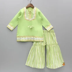 New Green Gota Lace And Faux Mirror Work Kurti With Sharara And Dupatta Ethnic Wear | Palazzos & Shararas