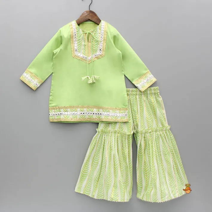New Green Gota Lace And Faux Mirror Work Kurti With Sharara And Dupatta Ethnic Wear | Palazzos & Shararas