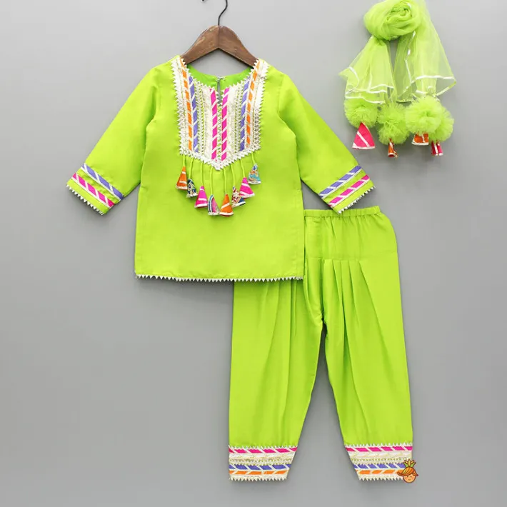 New Green Gota Lace Work Kurti And Salwar With Matching Dupatta Ethnic Wear | Churidars & Salwars