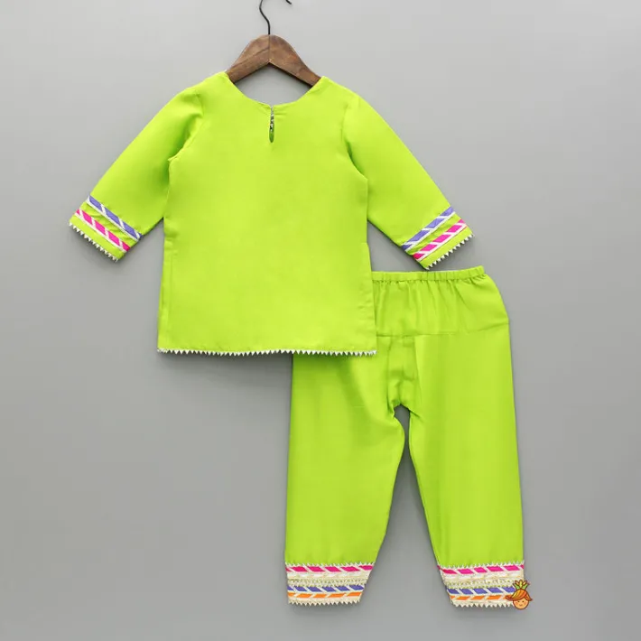 New Green Gota Lace Work Kurti And Salwar With Matching Dupatta Ethnic Wear | Churidars & Salwars