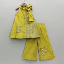 Clearance Green Halter Neck Knot Detailed Kurti And Palazzo Ethnic Wear | Palazzos & Shararas