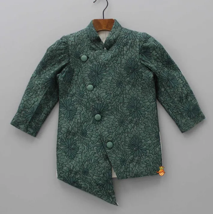 Fashion Green Heavy Thread Embroidered Asymmetric Sherwani And Pyjama BOY Indian Ethnic Wear | Ethnic Sets