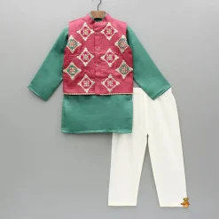 Hot Green Kurta And Embroidered Jacket With Pyjama BOY Indian Ethnic Wear | Ethnic Sets
