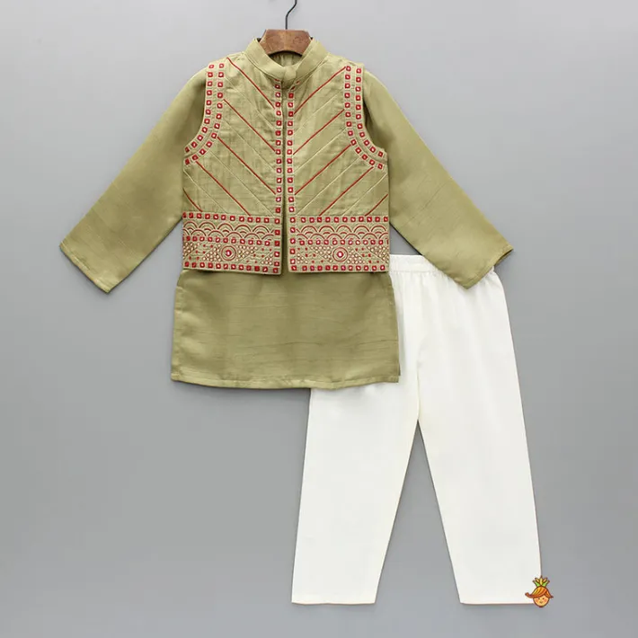 Online Green Kurta And Embroidered Jacket With Pyjama BOY Indian Ethnic Wear | Ethnic Sets