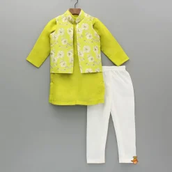 Outlet Green Kurta And Floral Printed Jacket With Churidar BOY Twinning Sets | Indian Ethnic Wear
