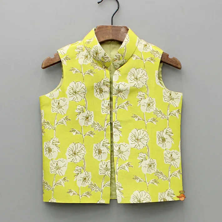 Outlet Green Kurta And Floral Printed Jacket With Churidar BOY Twinning Sets | Indian Ethnic Wear