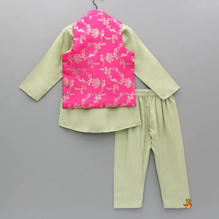 Discount Green Kurta And Pink Embroidered Jacket With Pyjama BOY Indian Ethnic Wear | Ethnic Sets
