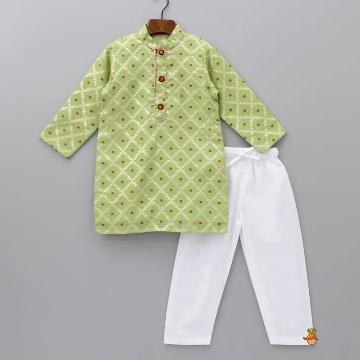 Outlet Green Kurta With Checks Embroidery And White Pyjama BOY Indian Ethnic Wear | Ethnic Sets