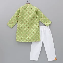 Outlet Green Kurta With Checks Embroidery And White Pyjama BOY Indian Ethnic Wear | Ethnic Sets