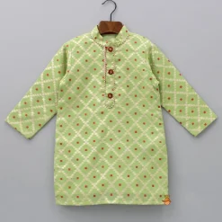 Outlet Green Kurta With Checks Embroidery And White Pyjama BOY Indian Ethnic Wear | Ethnic Sets