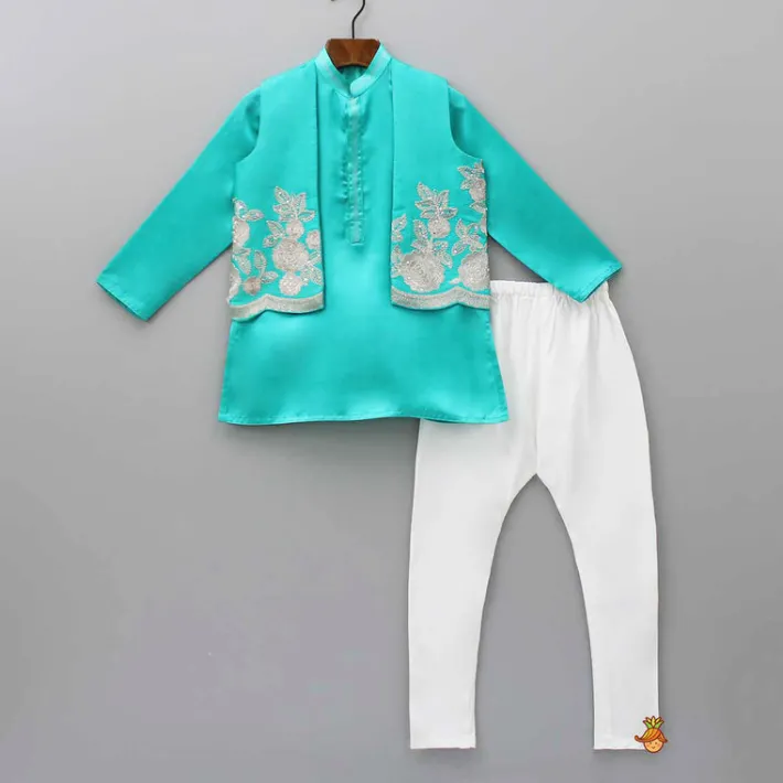 Best Green Kurta With Embroidered Open Jacket And Pyjama BOY Twinning Sets | Indian Ethnic Wear